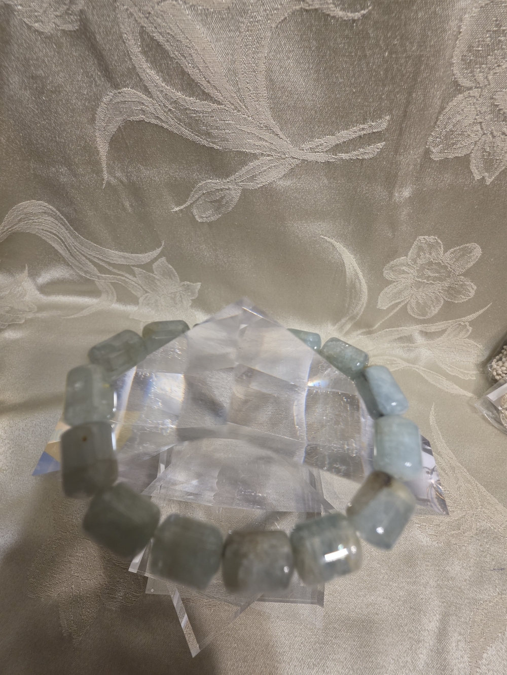 #1338 Tube Shaped Aquamarine Beaded Stretch Bracelet